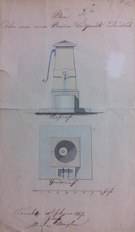 Entwurfszeichnung für einen neuen Brunnen der Gemeinde Unterrodach, wohl von Maurermeister Georg Zeuß mit Grund- und Aufriss